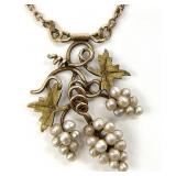10K Gold & Pearl Grape Leaf Pendant Necklace