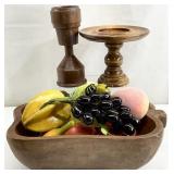 Vintage Carved Wood Bowl, Candlesticks & Faux