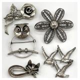 5 Beau Sterling Silver Brooches