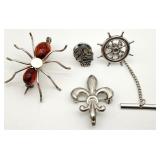 Sterling Silver Tie Pins, Pendant & Spider Brooch