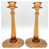 Pair Fostoria Royal Etched Amber Glass