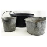 Large Metal Bucket & 2 Galvanized Pails