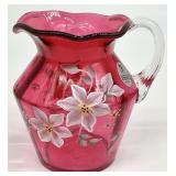 Fenton Hand Painted Cranberry Glass 4 ' Pitcher