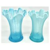 Pair Blue Opalescent Ruffled Edge Glass Vases