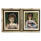 2pc Vintage Needlework Girl's Portraits Art