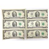 6 - $2 Bills US Currency
