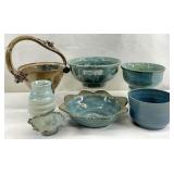 6pc Signed Art Pottery Basket, Vase & Bowls