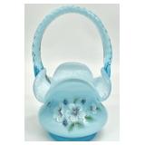 Fenton Blue Topaz Hand Painted Art Glass Basket