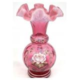Fenton Ltd Cranberry Opalescent Diamond Optic Vase