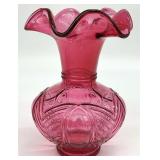 Fenton Cranberry Herringbone Melon Vase