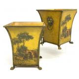 2 Vintage Metal Scenic  Lion's Head Cachepots