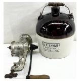 Vintage Stoneware Crock & Meat Grinder