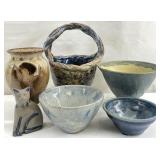 Art Pottery Basket, Bowls, Vase & Cat Figure