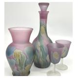 4pc Reuven by Nouveau Art Glass Decanter & More