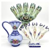 3pc Hand Painted Portugal 5-Finger Vases & Ewer