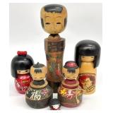 6 Vintage Japanese Kokeshi Dolls