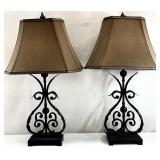 Pair Ornate Leaf Motif Metal Lamps