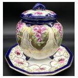 Japanese Hand Painted Biscuit Jar & Plate