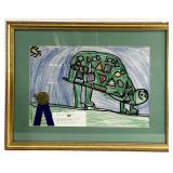 Vintage Children's Turtle Artwork, Blue Ribbon
