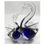 Cobalt & Clear Art Glass Mom & Baby Swan Figure