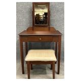 New Brown Wood Vanity Set w/ Tilted Mirror & Bench