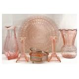 Pink Depression Glass Platter, Vases & More