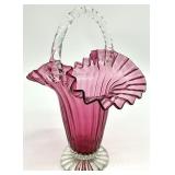 Vtg Hand Blown Cranberry Crimped Edge Basket Vase