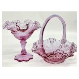 2pc Fenton Dusty Pink Rose Basket & Candy Dish