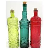 3 Vintage Corked Colored Glass Bottles