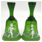 2 Mary Gregory Emerald Green Art Glass Bells