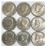 9 Kennedy Half Dollar Coins