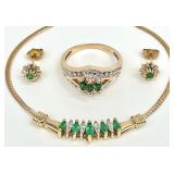10K Gold & Emerald Necklace, Earrings & Ring