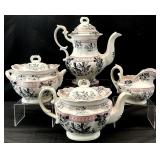 4pc Antique Black/Red English Transferware Tea
