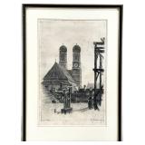 Signed Antique Frauenkirche Germany Engraving