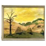 Vintage Original Log Cabin Farm Scene Painting