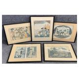 5 Vintage Framed Colonial Art Prints