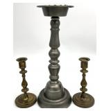 3pc Vintage Pewter & Brass Candlesticks