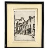 Antique European Street Scene Etching