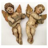 2 Antique Carved Wood Gilt Polychrome Cherubs