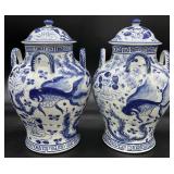 Pair Chinese Hand Painted Blue & White Ginger Jars