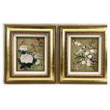 2 Oriental Bird Floral Watercolor Cork Paintings