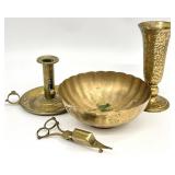 Vintage Brass Push Up Candlestick, Etched Vase &
