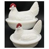2pc Westmoreland Milk Glass Hen on Nest Dishes