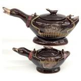 2pc Vtg Japanese Redware Geese Teapot & Creamer