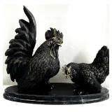 Bronze Rooster & Chicken Statue on Marble Base