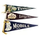 3 Vintage 1940s/50s AL, AR, TN Souvenir Pennants