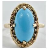 14K Gold Turquoise Cabochon Ring, Sz 6.5