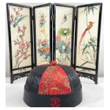 2pc Asian Folding Table Screen & Hat