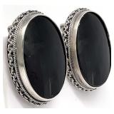 Black Onyx 800 Silver Oval Clip-On Earrings