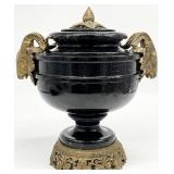 AS IS Antique Black Marble & Brass Ram's Head Urn